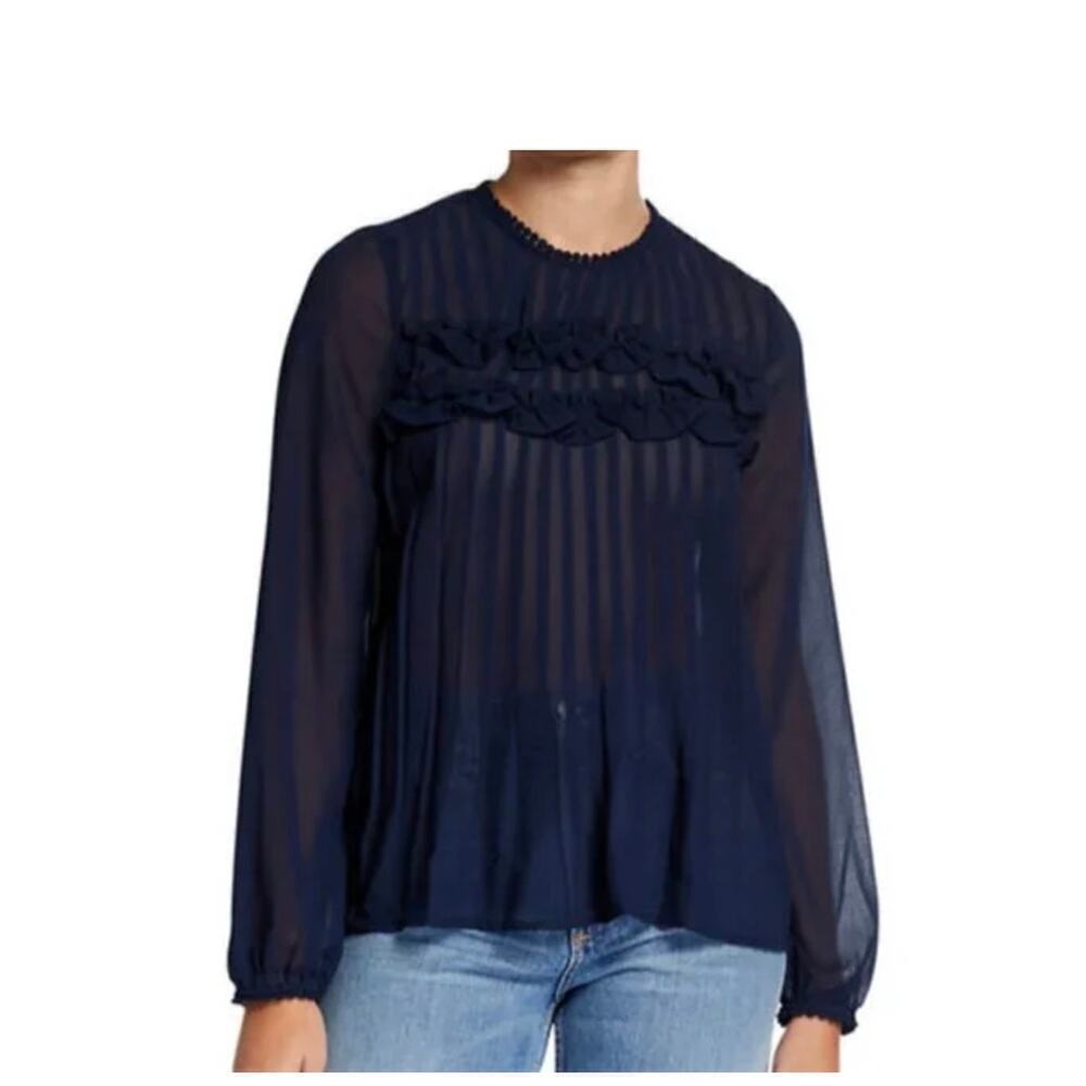 Anthropologie Endless Rose Sheer Navy Pleated Blouse w/ Lace Detail, Lar…